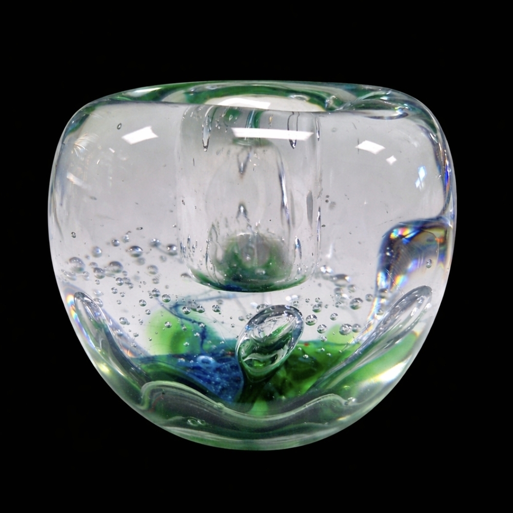 Clear Glass Paperweight with Blue & Green Interior